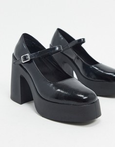 Черные лакированные туфли Мэри Джейн на массивном каблуке ASOS DESIGN-Черный