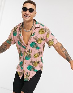 Розовая рубашка с короткими рукавами, отложным воротником и принтом ананасов Jack & Jones Originals-Розовый