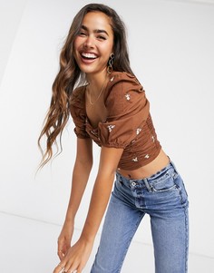 Коричневый топ с вышивкой и квадратным вырезом Stradivarius