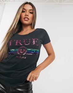 Черный топ с логотипом из пайеток True Religion