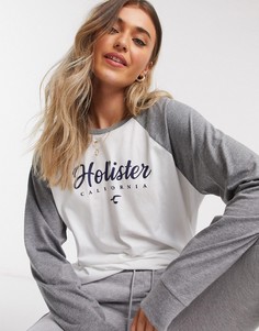 Серый лонгслив с контрастными рукавами Hollister