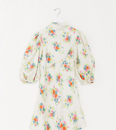 Платье мини со свободным воротом, пышными рукавами и цветочным принтом эксклюзивно для ASOS DESIGN Petite-Мульти