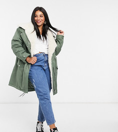 Парка цвета хаки с каскадным дизайном и подкладкой из искусственного меха ASOS DESIGN Curve-Зеленый