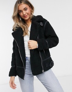 Черная куртка авиатор с искусственным мехом New Look-Черный