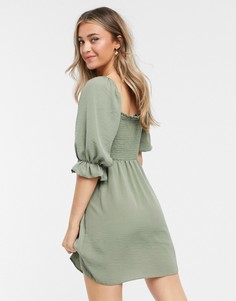 Платье мини цвета хаки с квадратным вырезом и сборками New Look-Зеленый