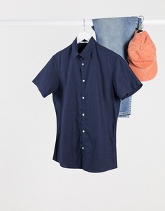 Зауженная рубашка с короткими рукавами Selected Homme-Темно-синий