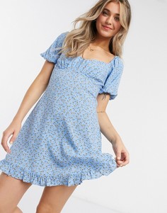 Платье мини с квадратным вырезом и цветочным принтом Miss Selfridge-Синий