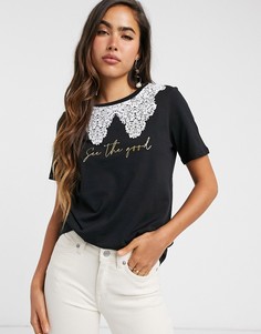 Черная футболка с воротником и надписью River Island-Черный