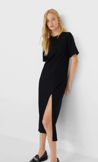 Stradivarius Платье Миди С Короткими Рукавами Женская Коллекция Черный L