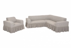 Комплект чехлов на угловой диван и кресло с оборкой Venera "Жаккард", цвет слоновая кость