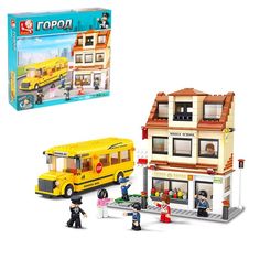 Конструктор «Автобус школьный + школа», 496 деталей, Sluban