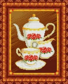 Канва с рисунком для бисера "Кофейный сервиз" А4 Каролинка