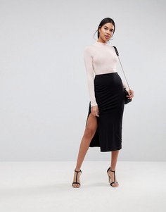 Юбка миди с разрезом спереди ASOS DESIGN-Черный