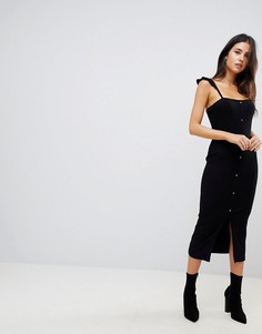 Платье-майка миди на кнопках с оборками на бретельках ASOS-Черный