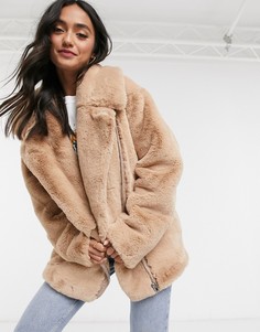 Бежевая байкерская куртка из искусственного меха ASOS DESIGN-Серый
