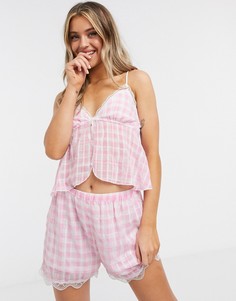 Пижама с топом на бретелях и шортами в розовую клетку ASOS DESIGN-Розовый