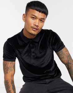 Черная велюровая футболка-поло ASOS DESIGN-Черный