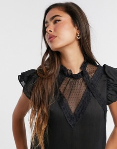 Черный атласный топ в викторианском стиле с кружевной отделкой River Island