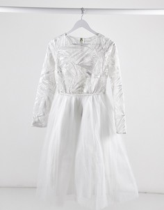 Белое платье миди из тюля с длинными рукавами и кружевным верхом Rare London-Белый
