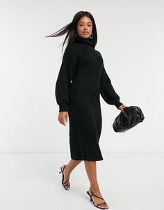 Черное платье миди в рубчик со свободным воротом ASOS DESIGN-Черный