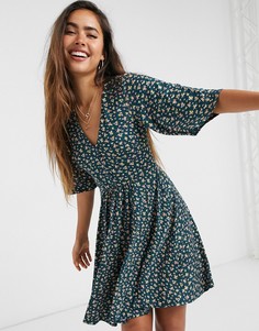 Платье мини с цветочным принтом темно-зеленого цвета ASOS DESIGN-Зеленый