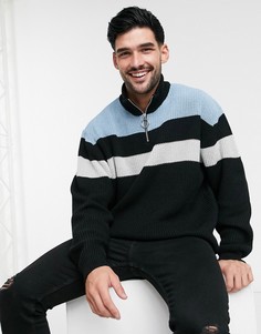Вязаный джемпер в рубчик с короткой молнией и полосками ASOS DESIGN-Черный