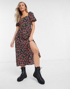 Платье миди с квадратным вырезом и цветочным принтом New Look-Черный