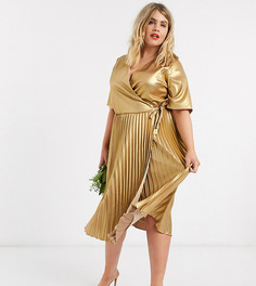 Золотистое платье миди с запахом и плиссировкой TFNC Plus-Золотой