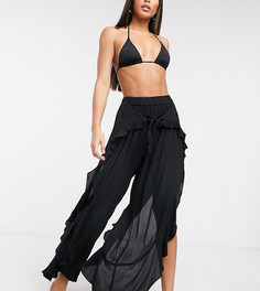 Черные пляжные брюки с разрезами и оборками ASOS DESIGN tall-Черный