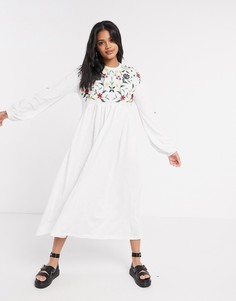 Белое свободное платье миди с вышивкой и шнуровкой на спине ASOS DESIGN-Белый