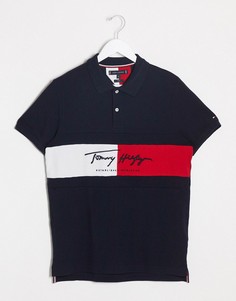 Темно-синее узкое поло с логотипом-флагом Tommy Hilfiger-Темно-синий