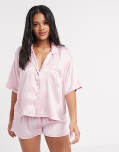 Серо-розовая атласная пижама в полоску ASOS DESIGN-Мульти