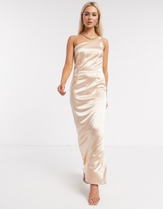 Атласное платье макси на одно плечо цвета шампанского TFNC Bridesmaid-Золотой
