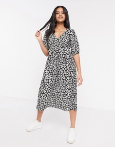 Свободное платье миди с черно-белым цветочным принтом ASOS DESIGN-Черный