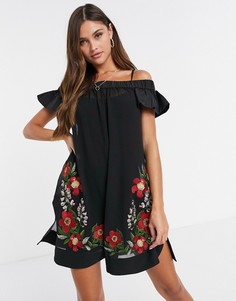 Черное платье со спущенными плечами и вышивкой Ted Baker-Черный