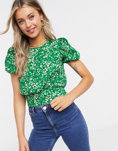 Зеленая блузка с пышными рукавами и цветочным принтом Miss Selfridge-Зеленый