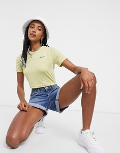 Оливково-зеленый облегающий кроп-топ с двойным логотипом-галочкой Nike
