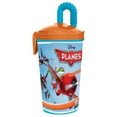 Stor Стакан с соломинкой и крышкой Самолеты 430 мл голубой/коричневый