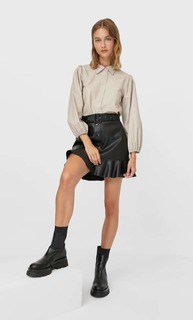 Stradivarius Рубашка Из Искусственной Кожи С Объемными Рукавами Женская Коллекция Цвет Льда M