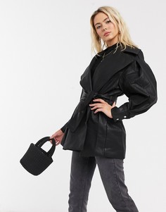 Черная куртка из искусственной кожи с объемными рукавами и поясом ASOS DESIGN-Черный