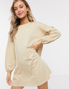 Свободное платье мини с пышными рукавами ASOS DESIGN-Бежевый