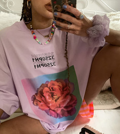 Неоновая oversized-футболка с цветочным принтом COLLUSION-Фиолетовый