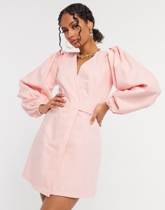Светло-розовое платье мини с запахом и пышными рукавами ASOS DESIGN-Розовый