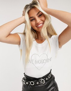 Белая футболка с логотипом и стразами Love Moschino-Белый