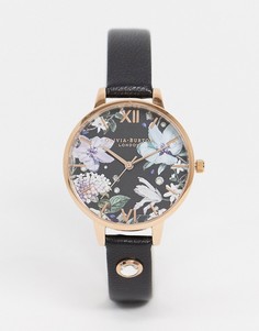 Золотистые/черные часы с кожаным ремешком и цветочной отделкой Olivia Burton-Черный