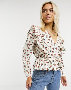 Хлопковый топ с запахом, оборками и цветочным принтом ASOS DESIGN-Мульти