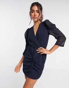 Темно-синее платье с оборками AX Paris-Темно-синий