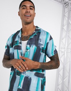 Синяя рубашка с отложным воротником и принтом Topman-Синий