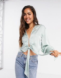 Шалфейно-зеленая атласная рубашка с узелком River Island-Зеленый