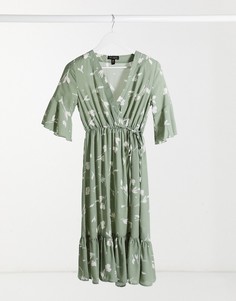 Шалфейно-зеленое платье миди с запахом и цветочным принтом QED London-Зеленый